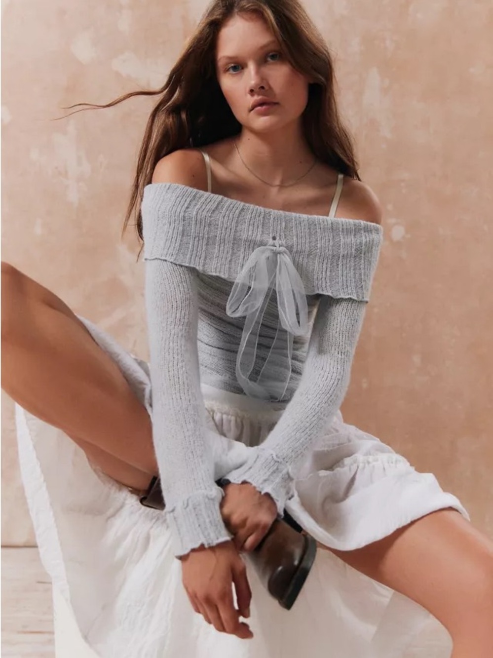 Kimchi Blue Urban Outfitters Grey Off the Shoulder Asymmetrical Knit Sweater